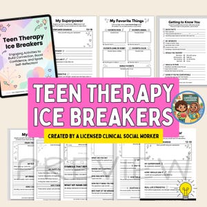 May include: A set of Teen Therapy Ice Breakers worksheets, designed to encourage connection, confidence, and self-reflection. The pages feature prompts for self-discovery and group activities. The title is in large pink letters.