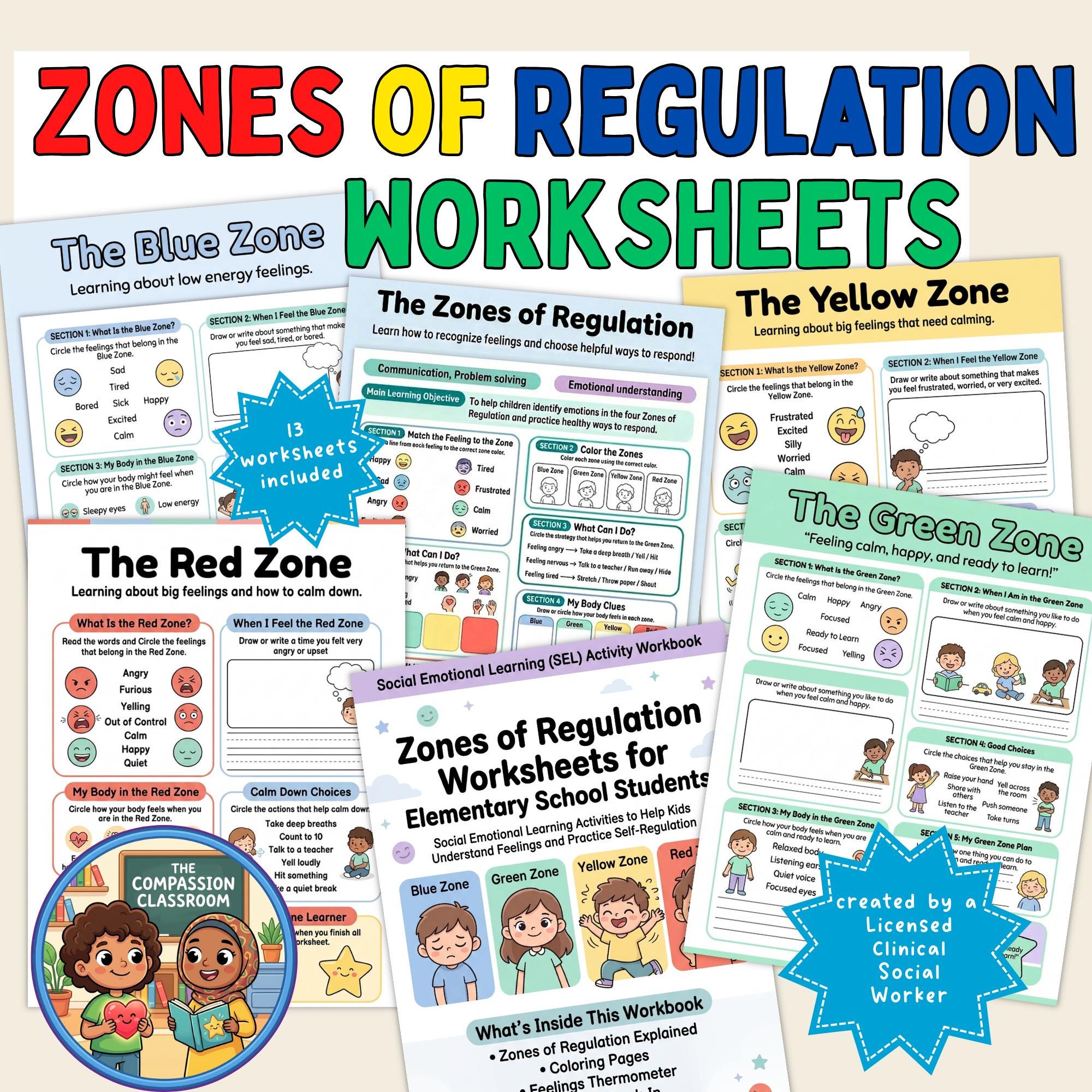 Zones of Regulation Worksheets | SEL Workbook for Elementary Students