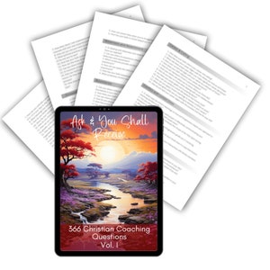 Peut inclure: Une tablette affichant la couverture d'un livre numérique avec un paysage de coucher de soleil et le titre "Ask & You Shall Receive 366 Christian Coaching Questions Vol. I".