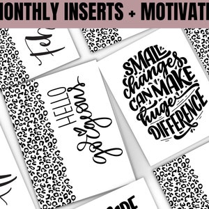 Cubiertas de tablero mensuales imprimibles e inserciones de citas de motivación para el cuidado personal y el planificador personal del trabajo, blanco y negro A4, A5, carta de EE. UU.