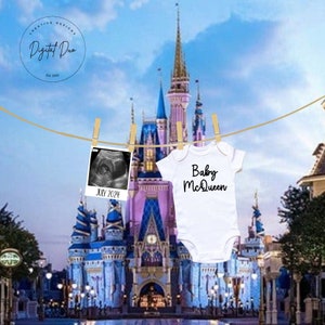 Magical baby announcement mickey Baby Announcement Editable Pregnancy Digital gender neutral social media reveal Cinderellas castle magic