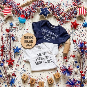 4th of July twin pregnancy announcement, July 4th twin Pregnancy Reveal Digital,  Social Media Pregnancy Announcement, light the fuse were d