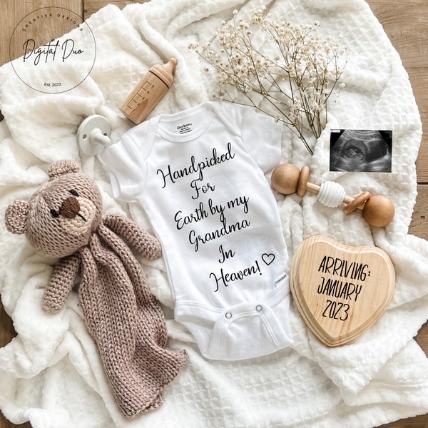 Handpicked by grandma in Heaven Baby Announcement, Editable Pregnancy Template, Digital Baby Reveal, neutral pregnancy announcement