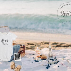 Beach Pregnancy Announcement, Beach bum Baby Announcement, summer pregnancy reveal, beach baby, digital pregnancy reveal, social media