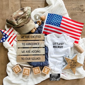 Military pregnancy announcement, military baby announcement, army baby reveal, 4th of July pregnancy announcement, littlest recruit, militar