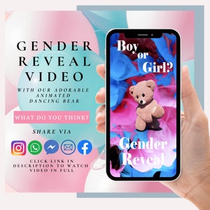 Video de revelación de género descargable para niñas, anuncio de embarazo digital, oso animado, regalo de anuncio de bebé para toda su familia y amigos.
