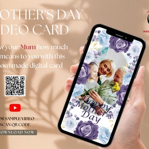 Tarjeta de vídeo del Día de las Madres Diseño floral Plantilla de 2 fotos hecha a medida Recuerdo atemporal Descarga digital Regalo del Día de la Madre