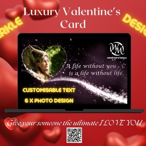 Tarjeta de vídeo del día de San Valentín. Tarjeta de lujo por encargo. Descarga digital de purpurina de corazón. Tarjeta personalizada, electrónica, descargable,