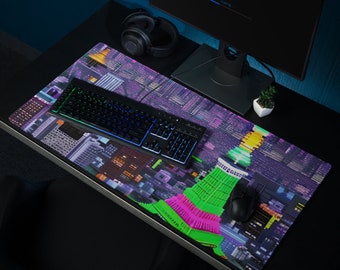 Neon Tokyo Street Pixel Art Retro Vaporwave XXL Gaming Mousepad - Purple Japanese Anime Skyline/City Desk Mat - Available in Multiple Sizes