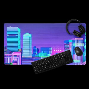 Neon Tokyo Street Pixel Art Retro Vaporwave XXL Gaming Mousepad - Purple Japanese Anime Skyline/City Desk Mat - Available in Multiple Sizes