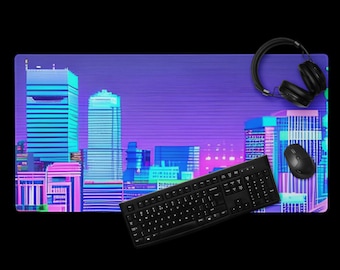 Neon Tokyo Street Pixel Art Retro Vaporwave XXL Gaming Mousepad - Purple Japanese Anime Skyline/City Desk Mat - Available in Multiple Sizes