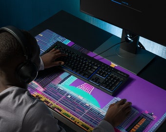 Neon Tokyo Street Pixel Art Retro Vaporwave XXL Gaming Mousepad - Purple Japanese Anime Skyline/City Desk Mat - Available in Multiple Sizes