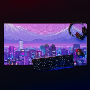 Neon Tokyo Street Pixel Art Retro Vaporwave XXL Gaming Mousepad - Purple Japanese Anime Skyline/City Desk Mat - Available in Multiple Sizes