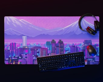 Neon Tokyo Street Pixel Art Retro Vaporwave XXL Gaming Mousepad - Purple Japanese Anime Skyline/City Desk Mat - Available in Multiple Sizes