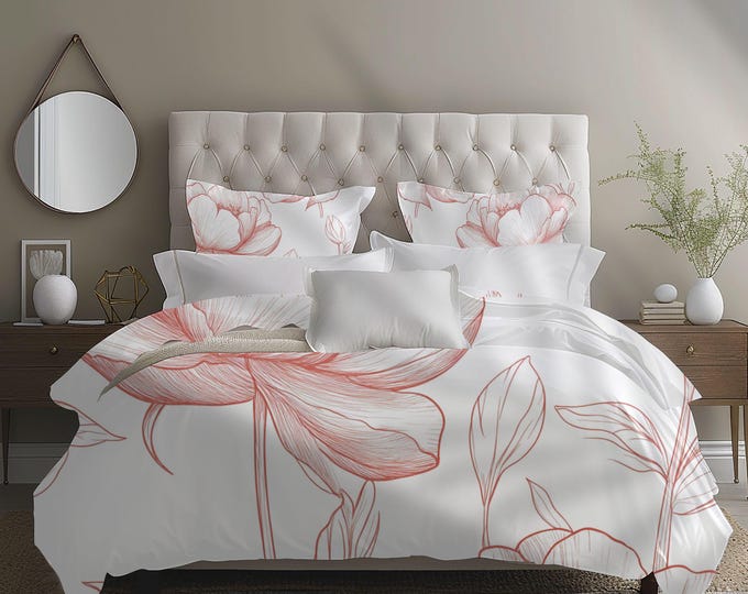 Cotton Duvet Cover Set with Reversible Pillow Shams – Oversized Floral Outline Bedding