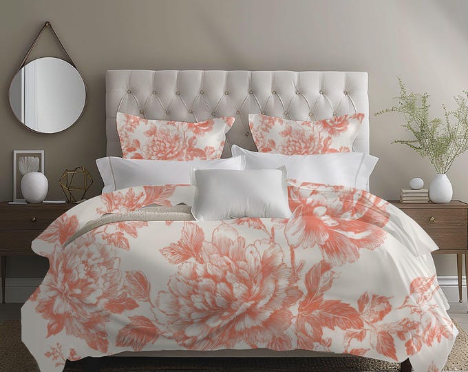 Cotton Duvet Cover Set with Reversible Pillow Shams – Proper Coral Toile Collection