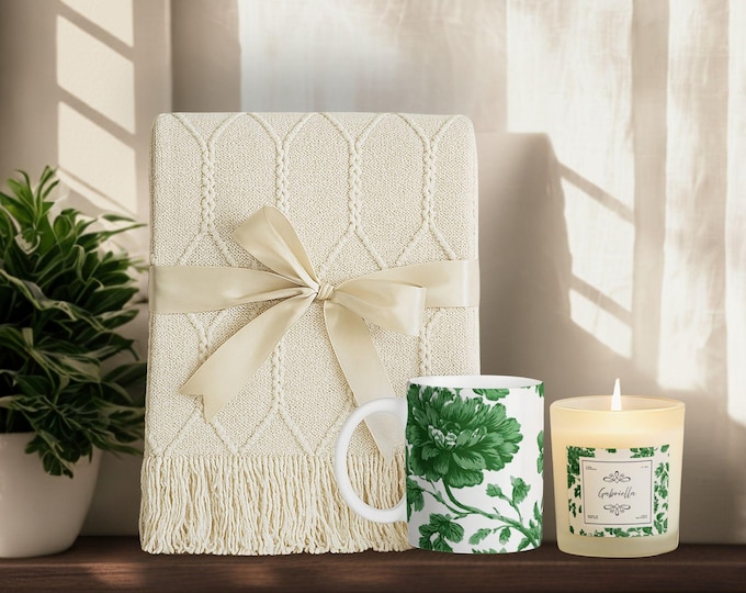 Luxury Personalized Gift Set • Tassel Blanket, Soy Candle & Ceramic Mug