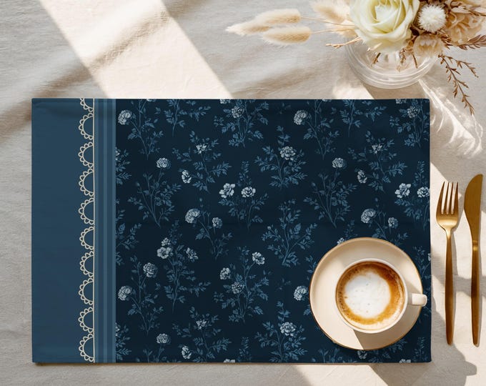 Exclusive Designer Pattern Placemat | 100% Cotton Twill in Courtyard Navy Garden
