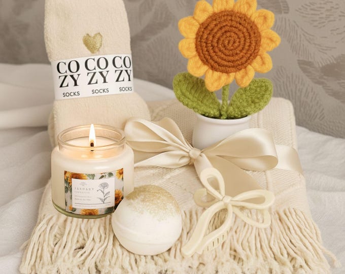 Sunflower Gift Set • Personalized Birth Month Candle • Cozy Blanket, Socks, Bath Bomb & Crochet Flower
