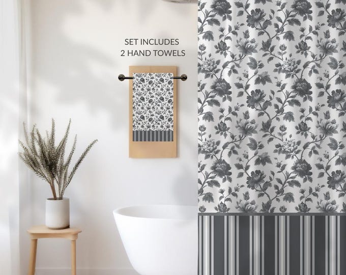 Charcoal Floral Shower Curtain Set – Vintage Toile, Striped Hem, 2 Hand Towels