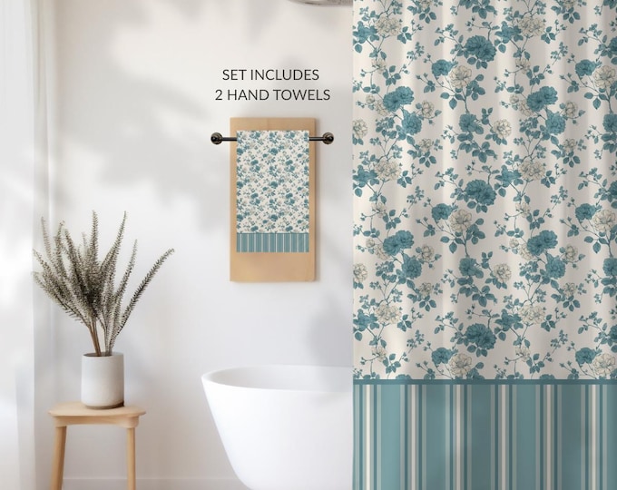 Bluebell Toile Shower Curtain Set – Vintage Floral, Cottage Luxe Decor