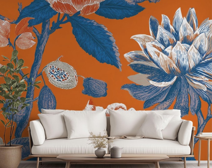 Wall Mural Digital Download, Large Floral Print File, Bold Home Decor, Interior Design, Maximalist Wall in Sunset at the Orangerie