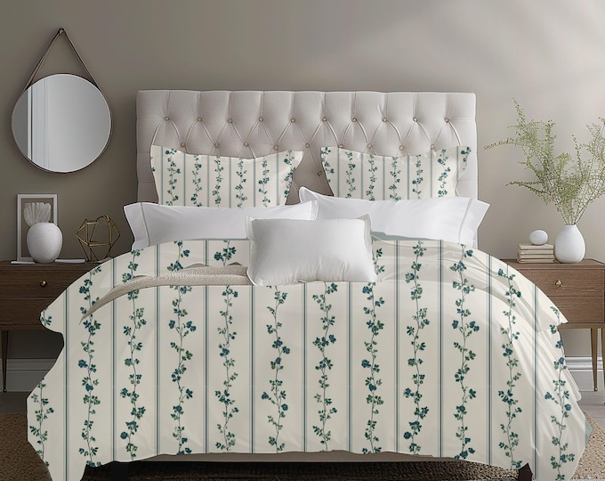 Cotton Duvet Cover Set with Reversible Pillow Shams – Soft Botanical Stripe Bedding