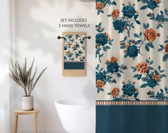 Designer Toile Bath Set • Vintage Floral Shower Curtain and 2 Hand Towels in Brilliant Garden