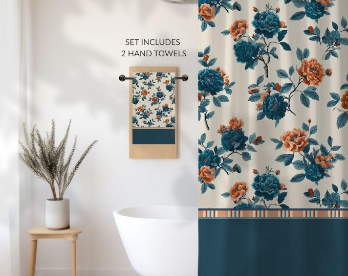 Designer Toile Bath Set • Vintage Floral Shower Curtain and 2 Hand Towels in Brilliant Garden