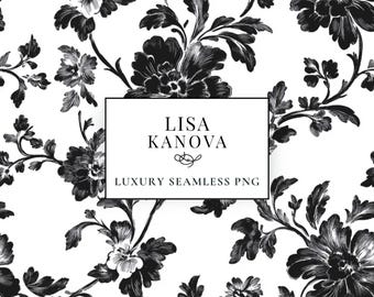 Black Floral Seamless Pattern, Luxury Fabric Design (PNG Digital Download)