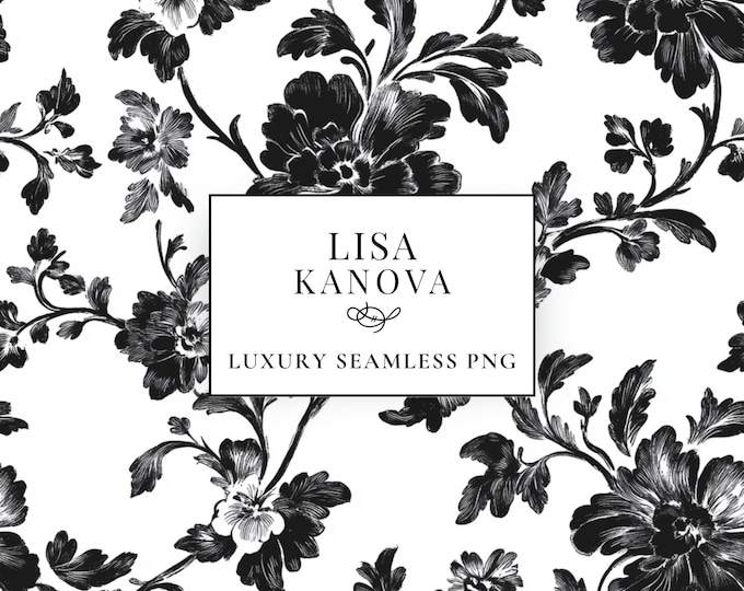 Black Floral Seamless Pattern, Luxury Fabric Design (PNG Digital Download)