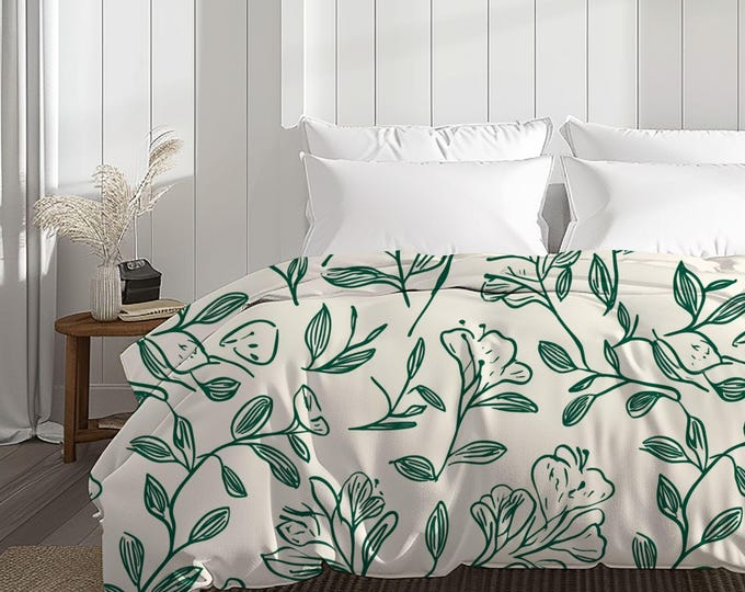 Green Floral Vine Pattern Cotton Duvet Cover | Botanical Leaves Bedding