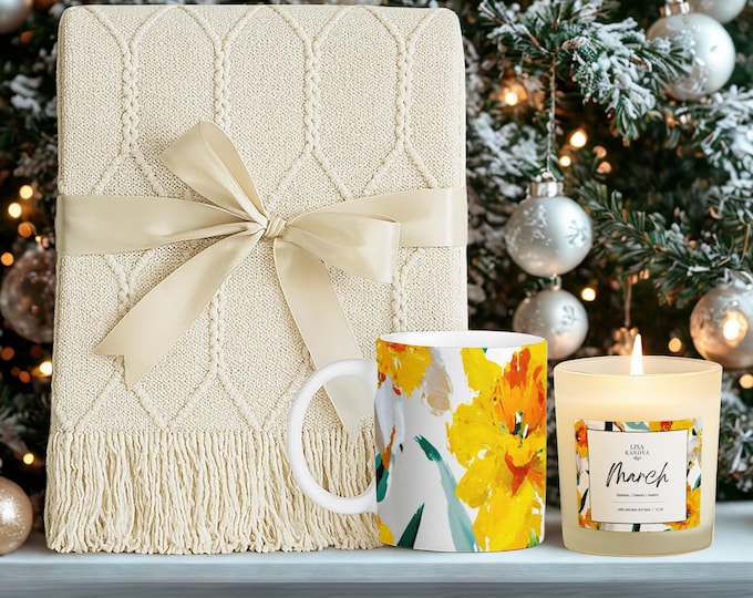 Luxury Birth Flower Cozy Gift Set • Tassel Blanket, Soy Candle & Ceramic Mug - March Daffodil