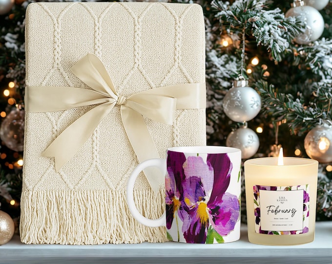 Luxury Birth Flower Cozy Gift Set • Tassel Blanket, Soy Candle & Ceramic Mug - February Violet