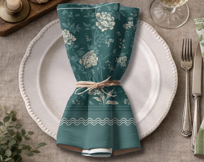 Designer Set of 4 - 100% Cotton Twill 22" x 22" Modern Heirloom Napkins in  Teal Garden