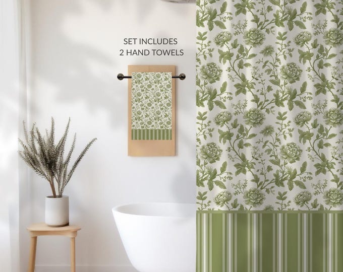 Sage Green Toile Shower Curtain Set • Vintage Floral Bathroom Decor