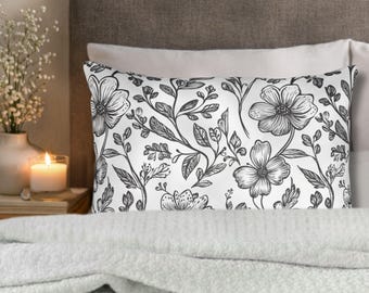 Hand-Drawn Black Floral Pattern Pillow Sham | Botanical Throw Pillowcase