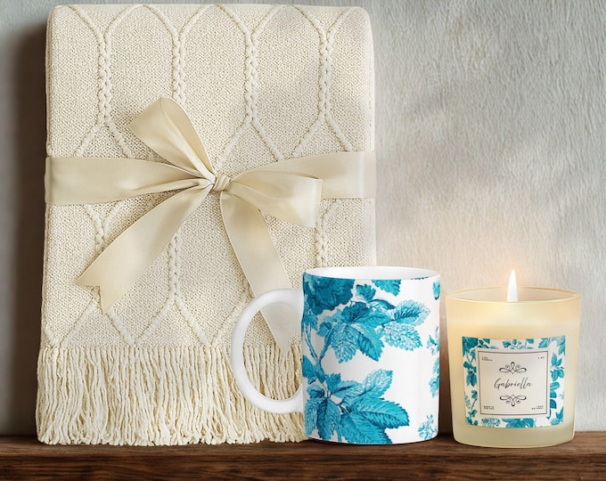 Luxury Personalized Gift Set • Tassel Blanket, Soy Candle & Ceramic Mug