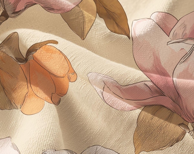The Magnolia Walk at Golden Hour | Pima Cotton Bold Botanical Pattern by Lisa Kanova Peach, Blush and Orange
