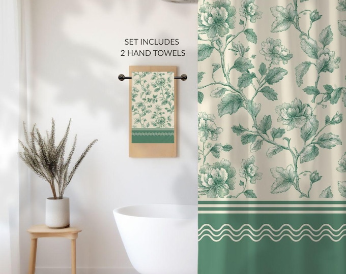 Designer Toile Bath Set • Vintage Floral Shower Curtain and 2 Hand Towels in Garden Mint