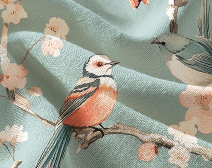 Pima Cotton Vintage Cherry Blossom Birds Fabric