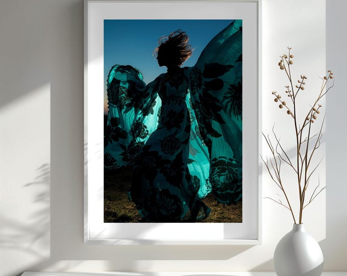 Cinematic Aqua Floral Silhouette Art Print (24x36 Printable)