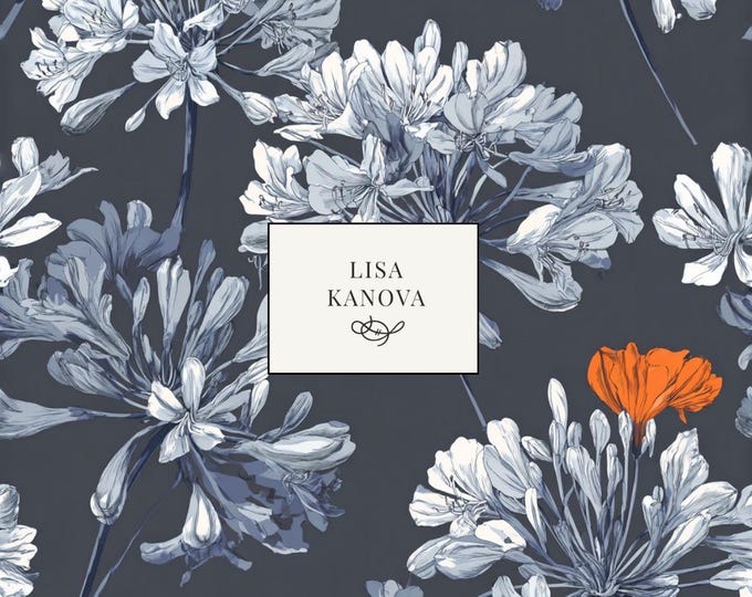 A Memory Last Night | Floral Seamless Repeat Pattern | Lisa Kanova Surface Design Navy, Ice Blue and Orange