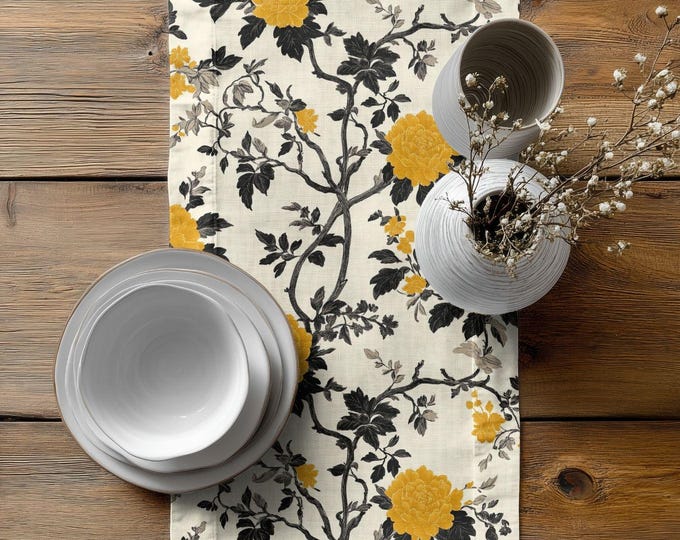 Lanterns in the Summer Estate | Cotton Twill Table Runner | Bold Botanical Table Linens by Lisa Kanova