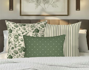 Kanova Designer Pillow Trio – Toile + Stripe + Dotted Lumbar | 2 x 20" Pillows + 20x14 Lumbar | Vintage Bedding | Vintage Sage Set