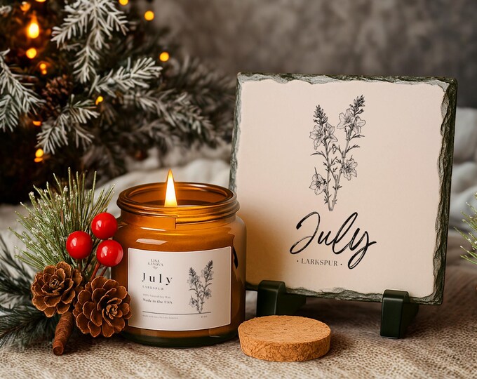 Birth Flower Gift Set • Candle & Slate Stone • July Larkspur • Birthday • Holiday • Keepsake Home Decor