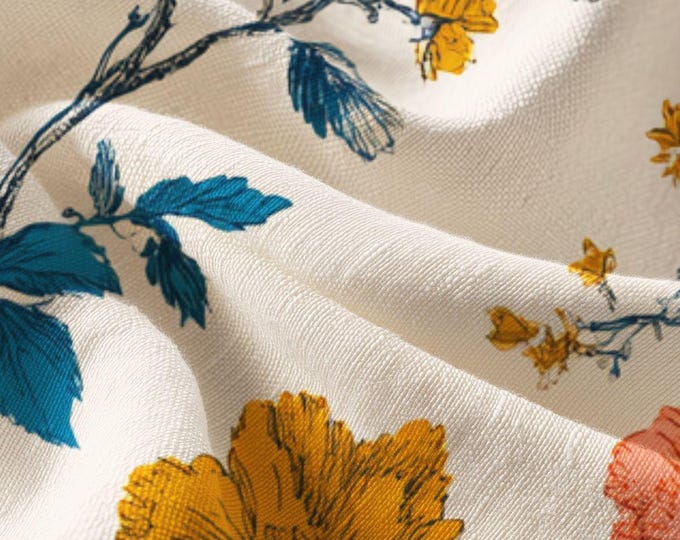 Vintage Floral Fabric Combed Cotton Prima | Blue Mustard Coral Roses
