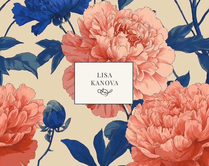 Summer Sunrise at the Chateau | Cobalt Blue and Dusty Peach Floral Seamless Repeat Pattern | Lisa Kanova Surface Design