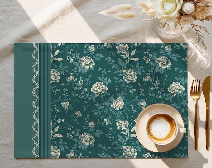 Exclusive Designer Pattern Placemat | 100% Cotton Twill in Courtyard Teal Garden
