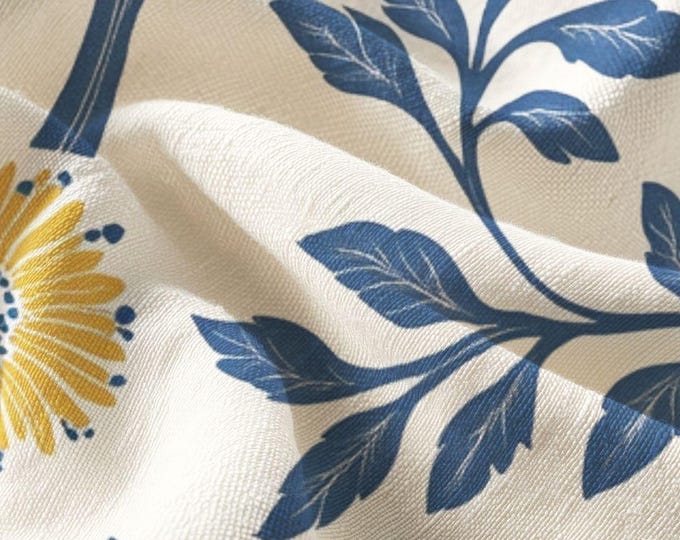 Pima Cotton Blue Floral Vine with Yellow Blooms Fabric